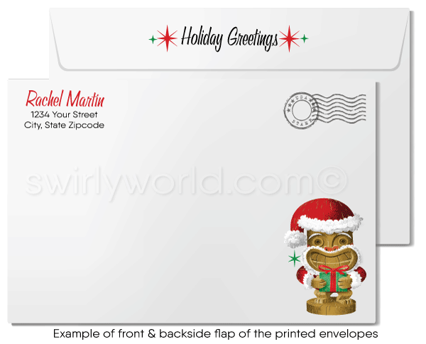 Retro 'Happy Huladays' Christmas Card – Hawaiian Hula Girl with Ornaments & Pink Sunset