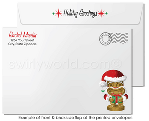 Retro 'Happy Huladays' Christmas Card – Hawaiian Hula Girl with Ornaments & Pink Sunset