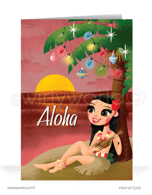 Retro style vintage Hawaiian hula girl playing ukulele on beach with tiki mid-century Christmas holiday cards.