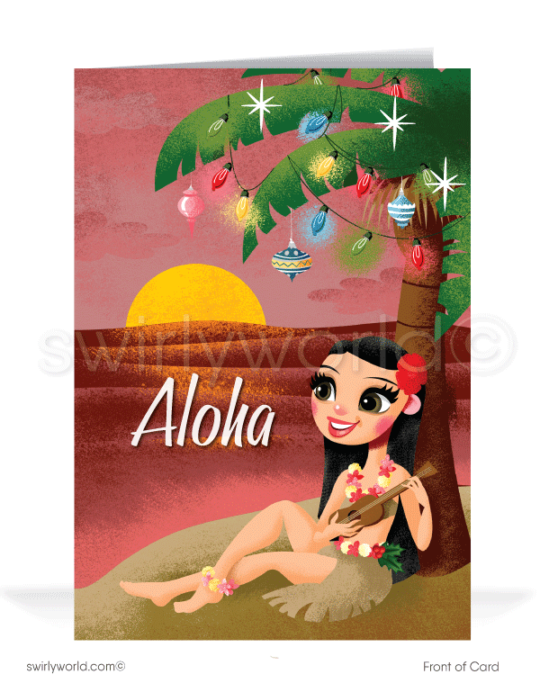 Retro style vintage Hawaiian hula girl playing ukulele on beach with tiki mid-century Christmas holiday cards.