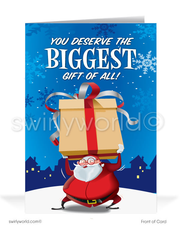 Funny Humorous Santa Claus Merry Christmas Company Holiday Greeting Cards for Business Customers.