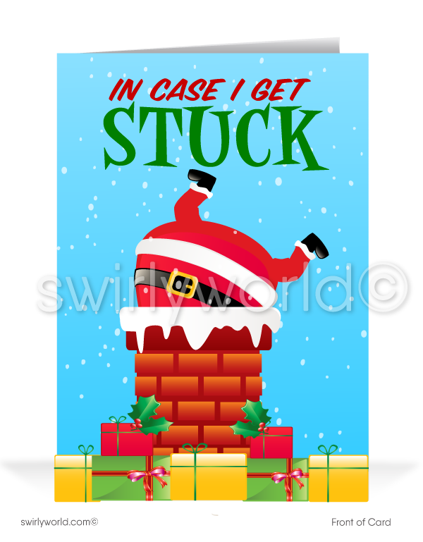 Funny Humorous Santa Claus Stuck in Chimney Merry Christmas Holiday Greeting Cards for Business Customers