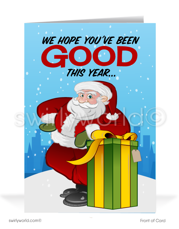 Funny Humorous Santa Claus Merry Christmas Holiday Greeting Cards for Business Customers. Company Christmas holiday cards.