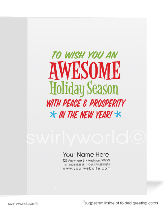 Funny Humorous Snowboarding Santa Claus Merry Christmas Holiday Greeting Cards for Business Customers. Harrison Greetings Christmas cards.