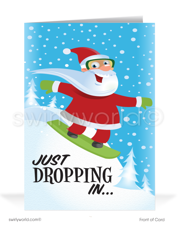 Funny Humorous Snowboarding Santa Claus Merry Christmas Holiday Greeting Cards for Business Customers. Harrison Greetings Christmas cards.