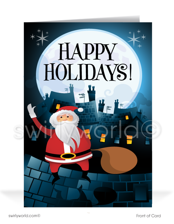 Funny Santa Claus Humorous Merry Christmas Company Holiday Greeting Cards for Business Customers.