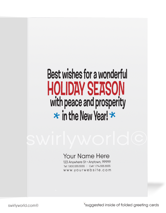 Funny Cartoon Santa Claus and Reindeer Merry Christmas Holiday Cards for Business. Company Christmas cards