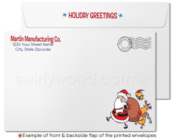 Funny Cartoon Santa Claus and Reindeer Merry Christmas Holiday Cards for Business