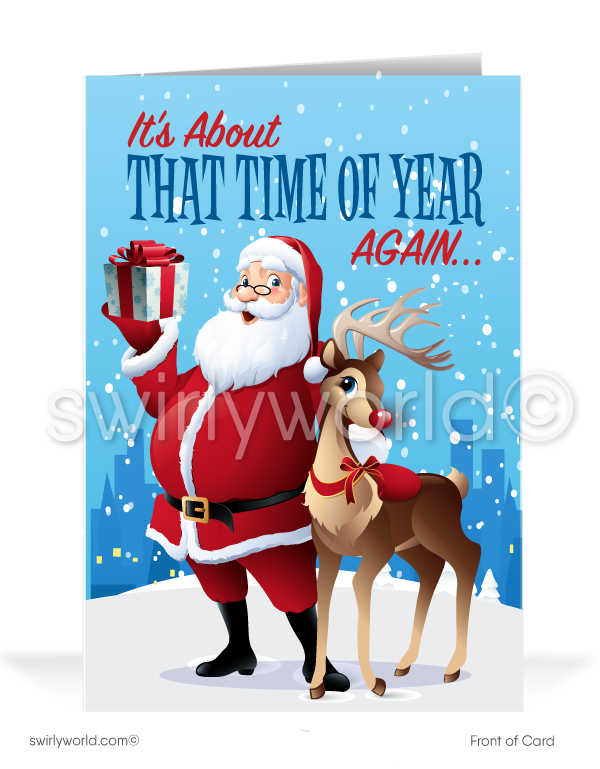 Funny Humorous Santa Claus From the Office Merry Christmas Holiday Greeting Cards for Business Customers. Harrison Greetings Merry Christmas cards for business. Old fashioned santa claus