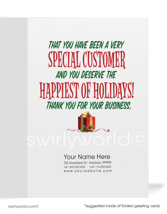 Cartoon Business Santa Claus with Laptop From the Office Merry Christmas Holiday Greeting Cards for Customers. Technology Christmas holiday cards for business. Harrison Greetings Harrison Publishing Christmas cards.