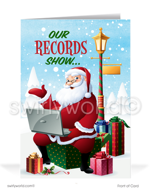 Cartoon Business Santa Claus with Laptop From the Office Merry Christmas Holiday Greeting Cards for Customers. Technology Christmas holiday cards for business. Harrison Greetings Harrison Publishing Christmas cards.