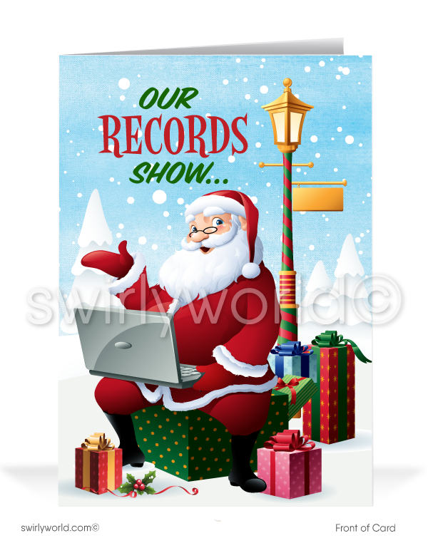 Cartoon Business Santa Claus with Laptop From the Office Merry Christmas Holiday Greeting Cards for Customers. Technology Christmas holiday cards for business. Harrison Greetings Harrison Publishing Christmas cards.