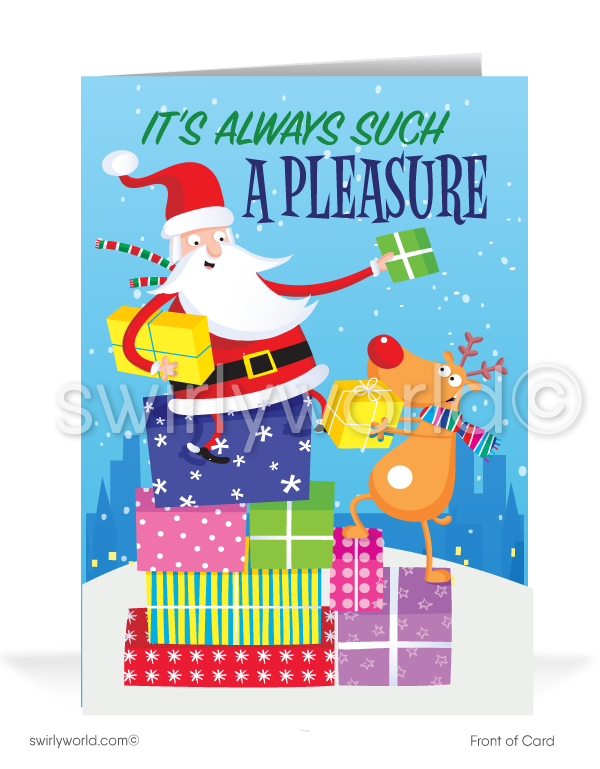 Pleasure doing business with you this year. Funny Humorous Santa Claus Merry Christmas Holiday Greeting Cards for Business Customers.