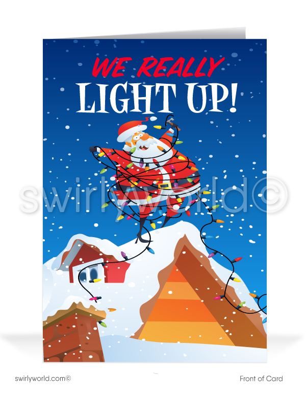 Funny Humorous Santa Claus with String of Lights Christmas Holiday Greeting Cards