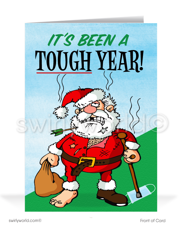 Printed Funny Beat Up Tough Year Santa Claus Merry Christmas Holiday Greeting Cards. Harrison Publishing Company merry christmas customer cards. Harrison Greeting cards.