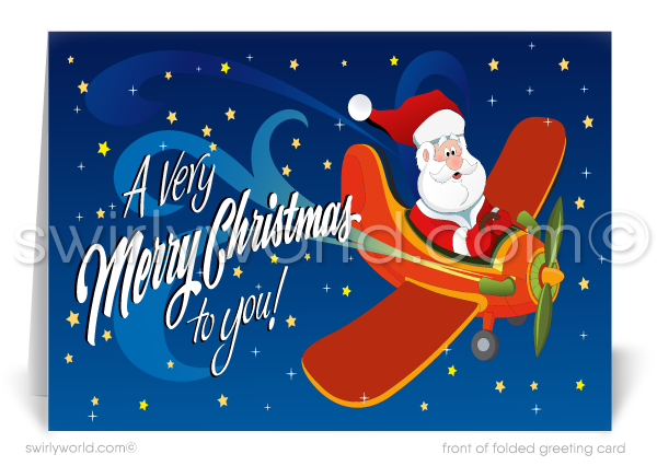 Humorous Business Cartoon Santa Claus Flying Airplane Merry Christmas Cards. Funny Santa Claus flying around in red airplane Christmas cards for clients.