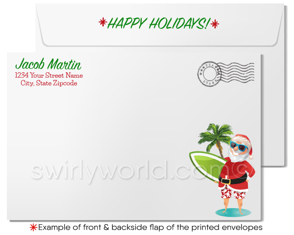 Retro Modern Tiki Hawaiian Beach Tropical Santa Claus Christmas Greeting Cards