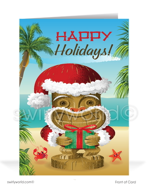 Funny Humorous Retro Tiki Beach Hawaiian Santa Claus Merry Christmas Holiday Company Greeting Cards for Business Customers. Surfer Tropical holiday greeting cards