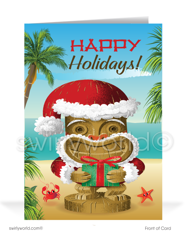 Funny Humorous Retro Tiki Beach Hawaiian Santa Claus Merry Christmas Holiday Company Greeting Cards for Business Customers. Surfer Tropical holiday greeting cards