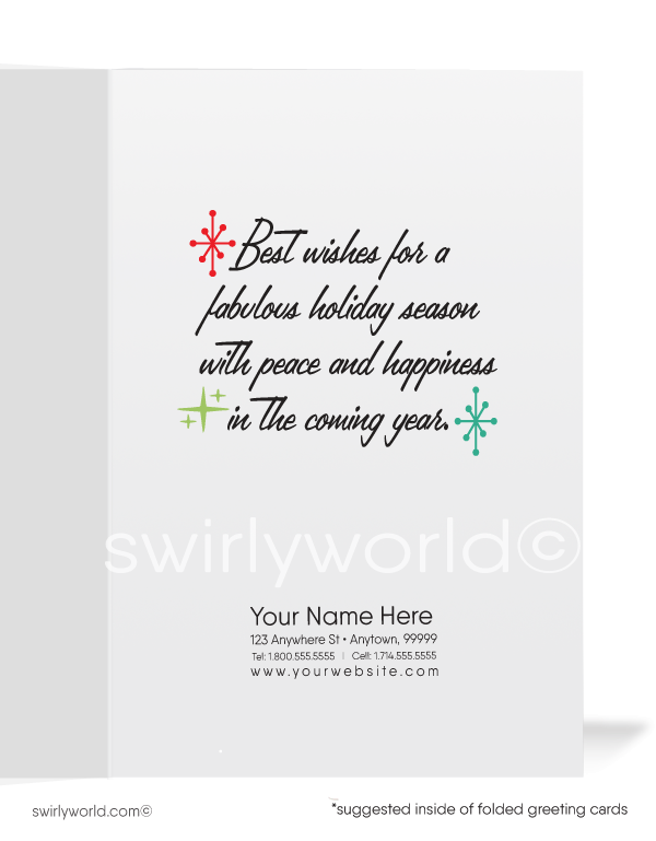 Cute Retro Pinup Girl Mid-Century Atomic Mod Merry Christmas Holiday Greeting Cards for Business Clients. Black african sexy retro pinup girl merry christmas cards.