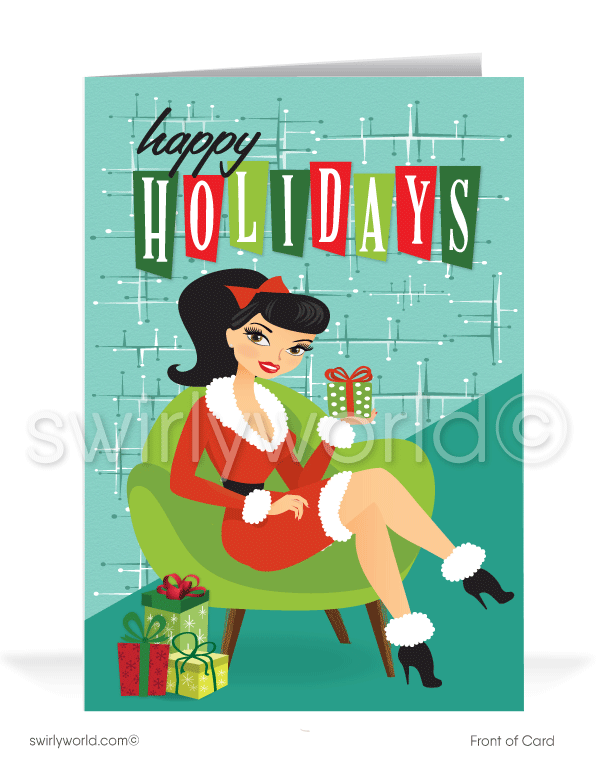 Rockabilly Pinup Girl Merry Christmas Business Holiday Cards for Women. Mid-century modern retro atomic modern holiday cards for women.