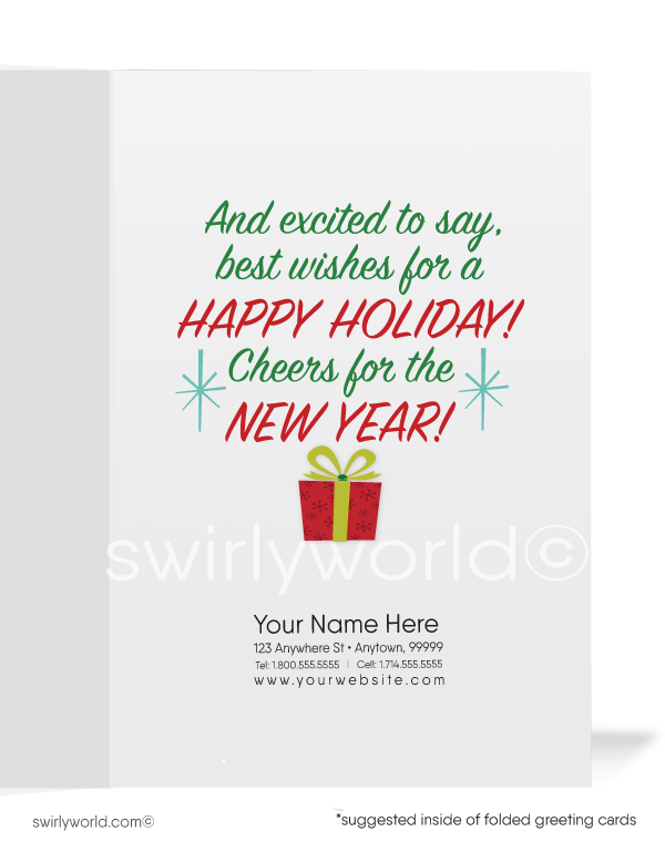 Cute Rockabilly Pinup Girl Merry Christmas Company Holiday Greeting Cards for Realtor Woman in Business. Year All wrapped up!