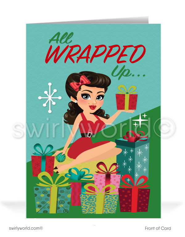 Cute Rockabilly Pinup Girl Merry Christmas Company Holiday Greeting Cards for Realtor Woman in Business. Year All wrapped up!