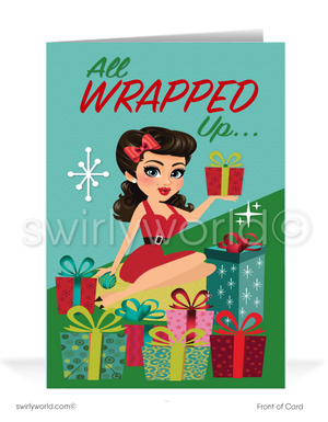 Cute Rockabilly Pinup Girl Merry Christmas Company Holiday Greeting Cards for Realtor Woman in Business. Year All wrapped up!