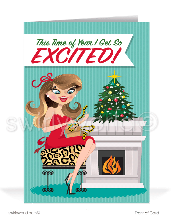 Cute Retro Woman Merry Christmas Happy Holidays Company Greeting Cards for Business Clients.