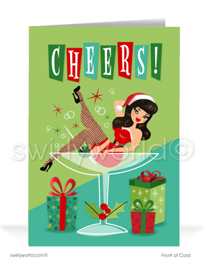 Rockabilly Retro Pin-up Girl Merry Christmas Company Holiday Greeting Cards for Realtor Woman in Business. Cheers for the New Year! Ms Santa Claus pinup in Martini Glass
