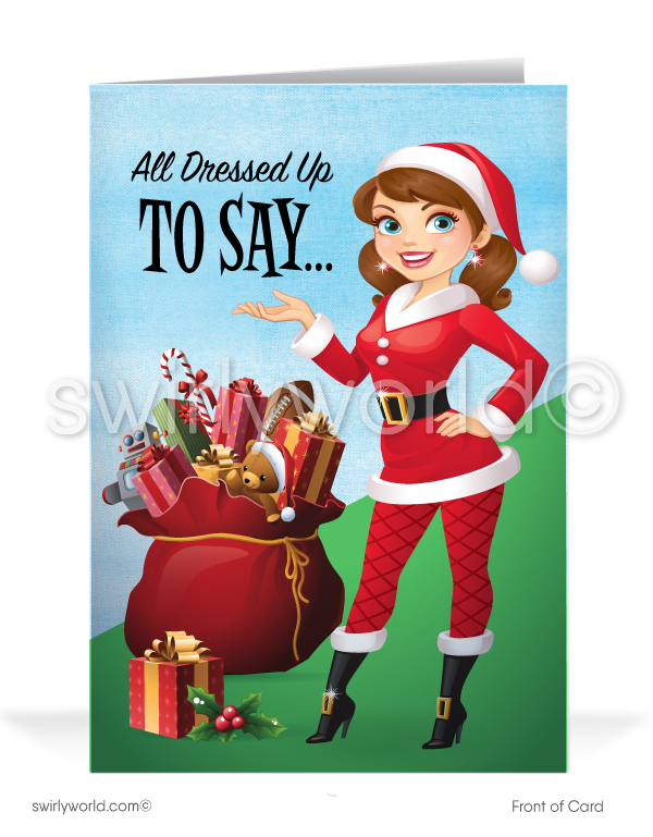 Cute Sexy Ms. Santa Claus Merry Christmas Holiday Cards for Women in B -  swirly-world-design