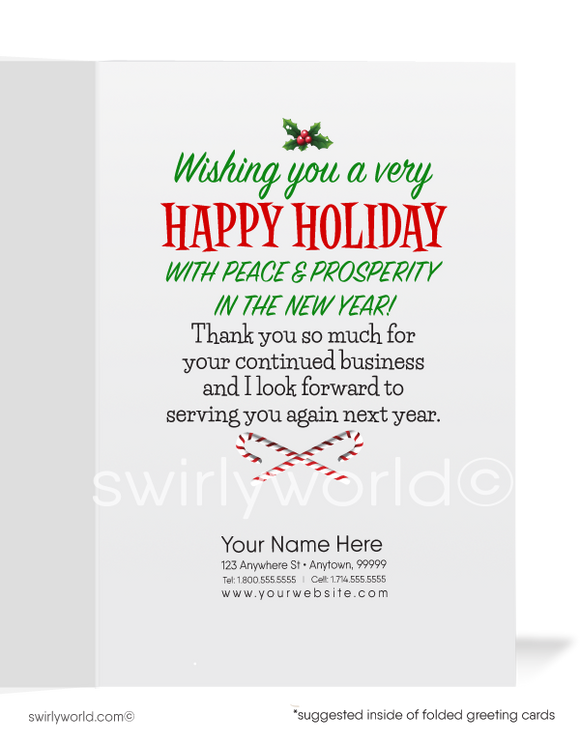 Adorable Mrs. Claus Santa Client Realtor Merry Christmas Holiday Greeting Cards for Women in Business. Harrison Publishing Company cards for woman in business.