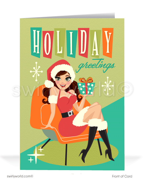 Retro Mid-Century Atomic Modern Pinup Girl Holiday Cards for Women