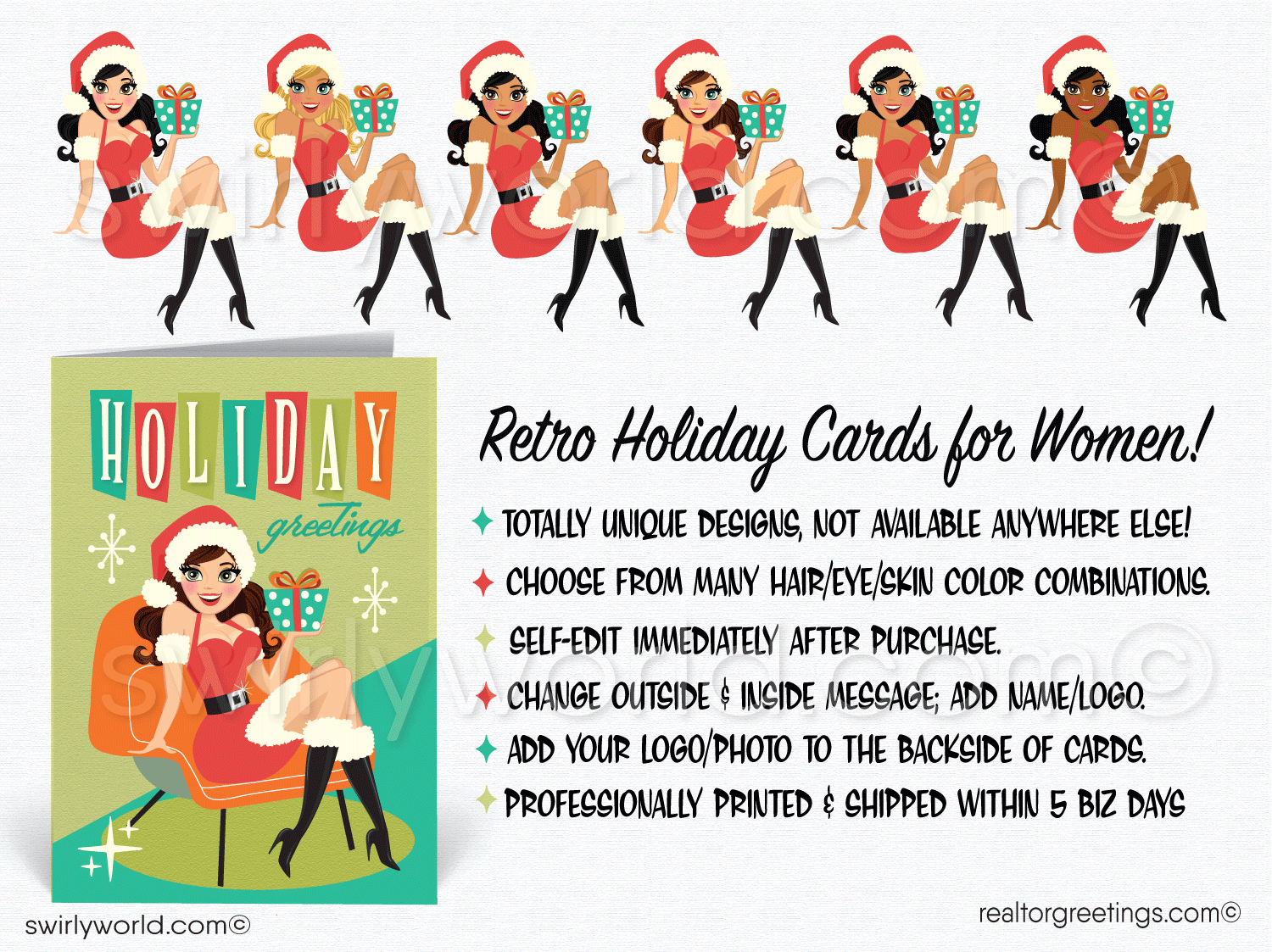 Retro Mid-Century Atomic Modern Pinup Girl Holiday Cards for Women