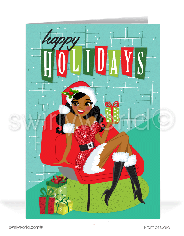 Cute Retro Pinup Girl Mid-Century Atomic Mod Merry Christmas Holiday Greeting Cards for Business Clients. Black african sexy retro pinup girl merry christmas cards.