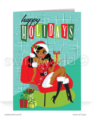 Cute Retro Pinup Girl Mid-Century Atomic Mod Merry Christmas Holiday Greeting Cards for Business Clients. Black african sexy retro pinup girl merry christmas cards.