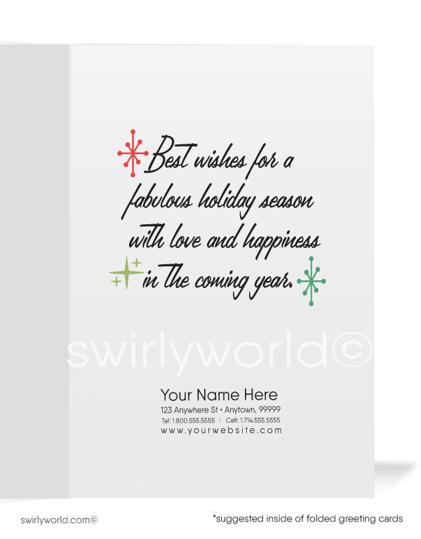 Retro rockabilly bettie paige bangs pinup Merry Christmas holiday greeting cards for women. Mid-century modern Christmas cards for girls