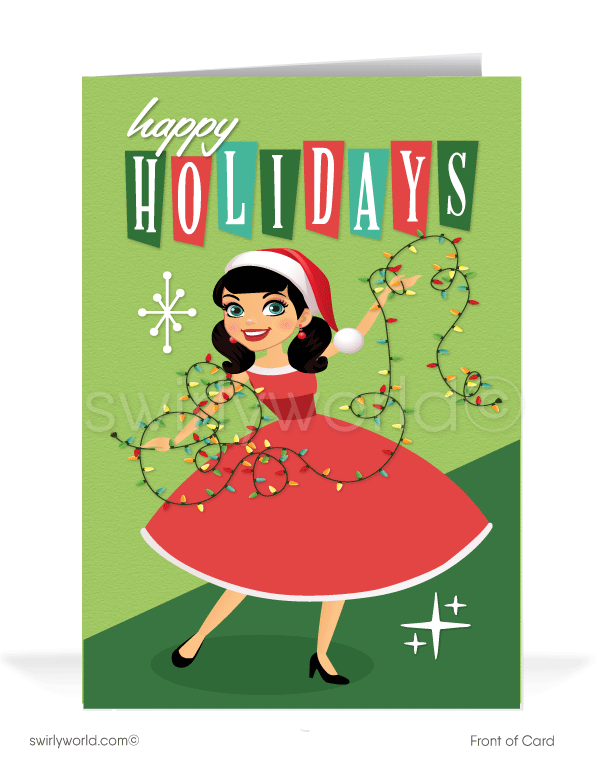 Retro rockabilly bettie paige bangs pinup Merry Christmas holiday greeting cards for women. Mid-century modern Christmas cards for girls