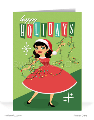 Retro rockabilly bettie paige bangs pinup Merry Christmas holiday greeting cards for women. Mid-century modern Christmas cards for girls