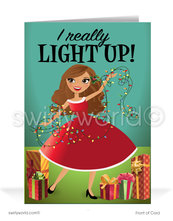 Funny Humorous Cute Girl with Lights Merry Christmas Holiday Greeting Cards for Business Customers. women in business christmas cards for realtors.
