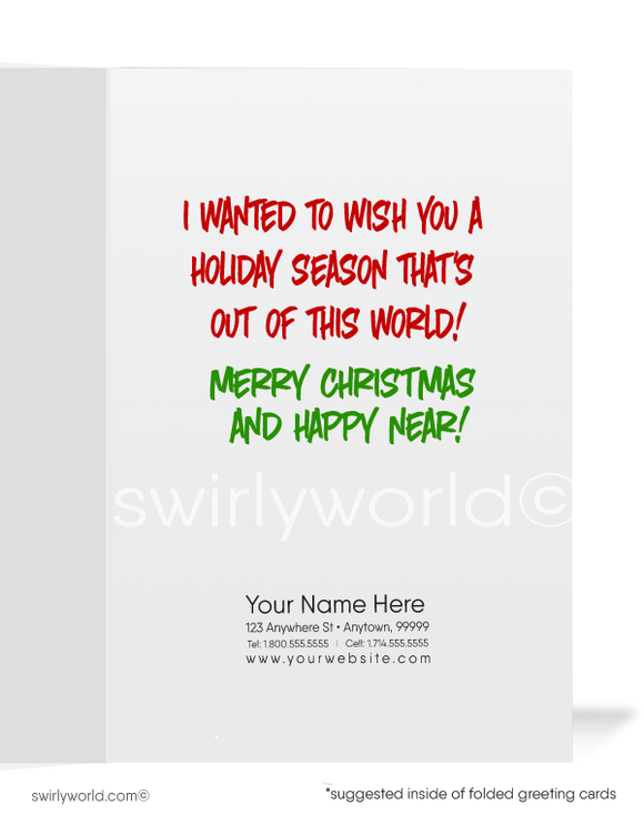 Funny Humorous Santa Claus abducted by alien UFO Merry Christmas Holiday Greeting Cards for Business Customers. Harrison Publishing Company Merry Christmas cards.