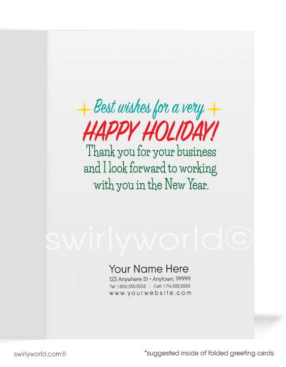 Cute Realtor Merry Christmas Happy Holidays Company Greeting Cards for Business Clients. African American black female realtor holiday client Christmas cards.