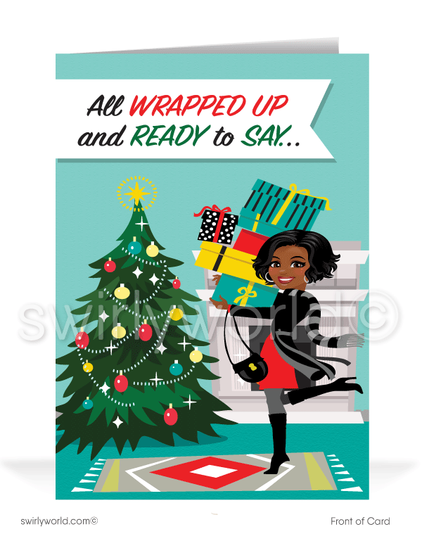 Cute Realtor Merry Christmas Happy Holidays Company Greeting Cards for Business Clients. African American black female realtor holiday client Christmas cards.