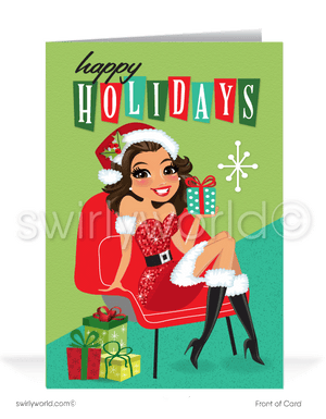 Cute Retro Pinup Woman Mid-Century Modern Merry Christmas Happy Holidays Company Greeting Cards for Business Clients. Hispanic Mexican woman business merry Christmas cards for clients.