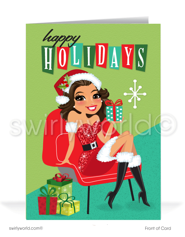 Cute Retro Pinup Woman Mid-Century Modern Merry Christmas Happy Holidays Company Greeting Cards for Business Clients. Hispanic Mexican woman business merry Christmas cards for clients.