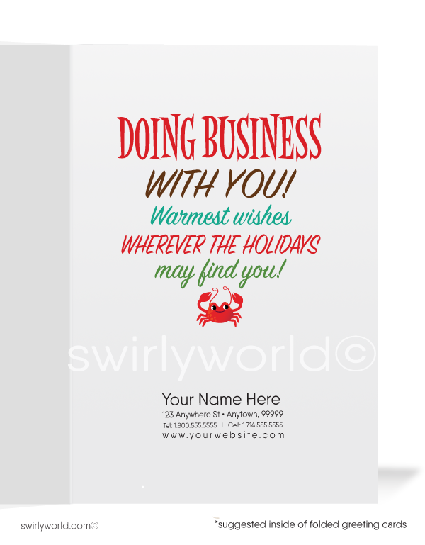Cartoon Surfer Santa Claus on Beach Merry Christmas Holiday Cards for Business