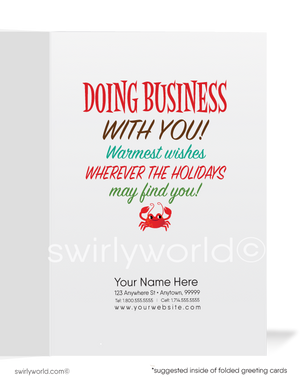 Cartoon Surfer Santa Claus on Beach Merry Christmas Holiday Cards for Business