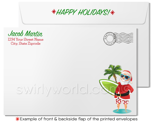Cartoon Surfer Santa Claus on Beach Merry Christmas Holiday Cards for Business
