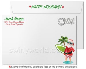 Cartoon Surfer Santa Claus on Beach Merry Christmas Holiday Cards for Business