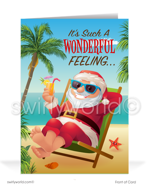 Cartoon Surfer Santa Claus on Beach Merry Christmas Holiday Cards for Business. Hang 10 Santa Claus. Surfing Santa drinking cocktail on beach. Tropical beach Christmas cards.